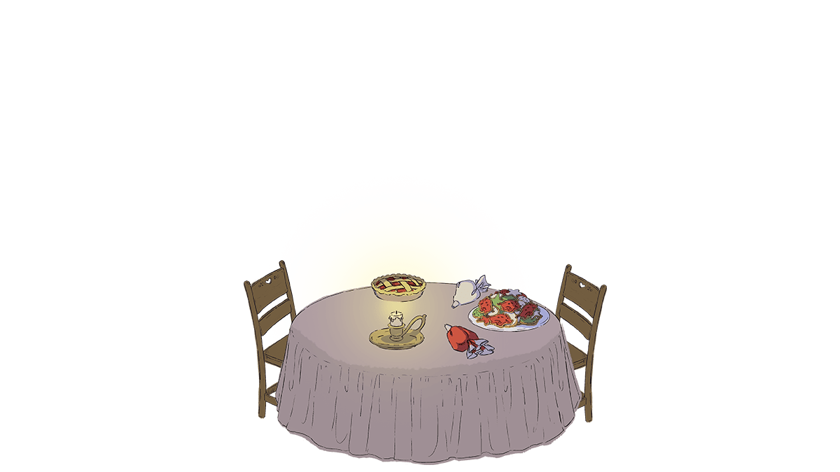 Kitchen table with cherry pie, holiday cookies, a cup of coco and flickering candle