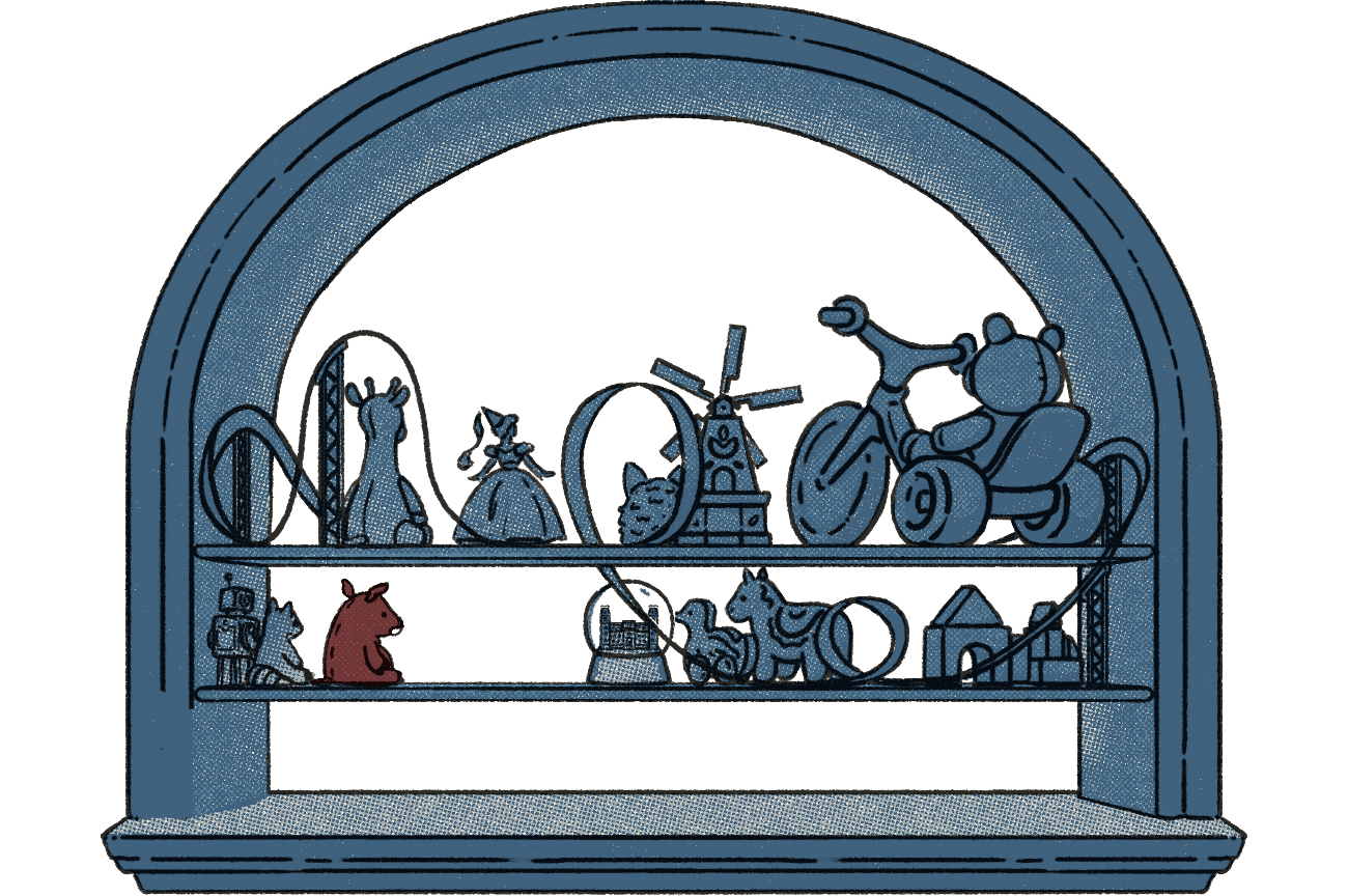 Toy store window displaying a variety of toys.