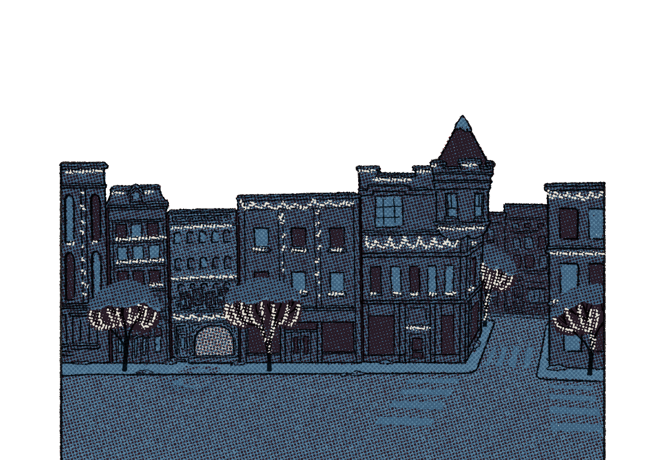 City buildings in the foreground.