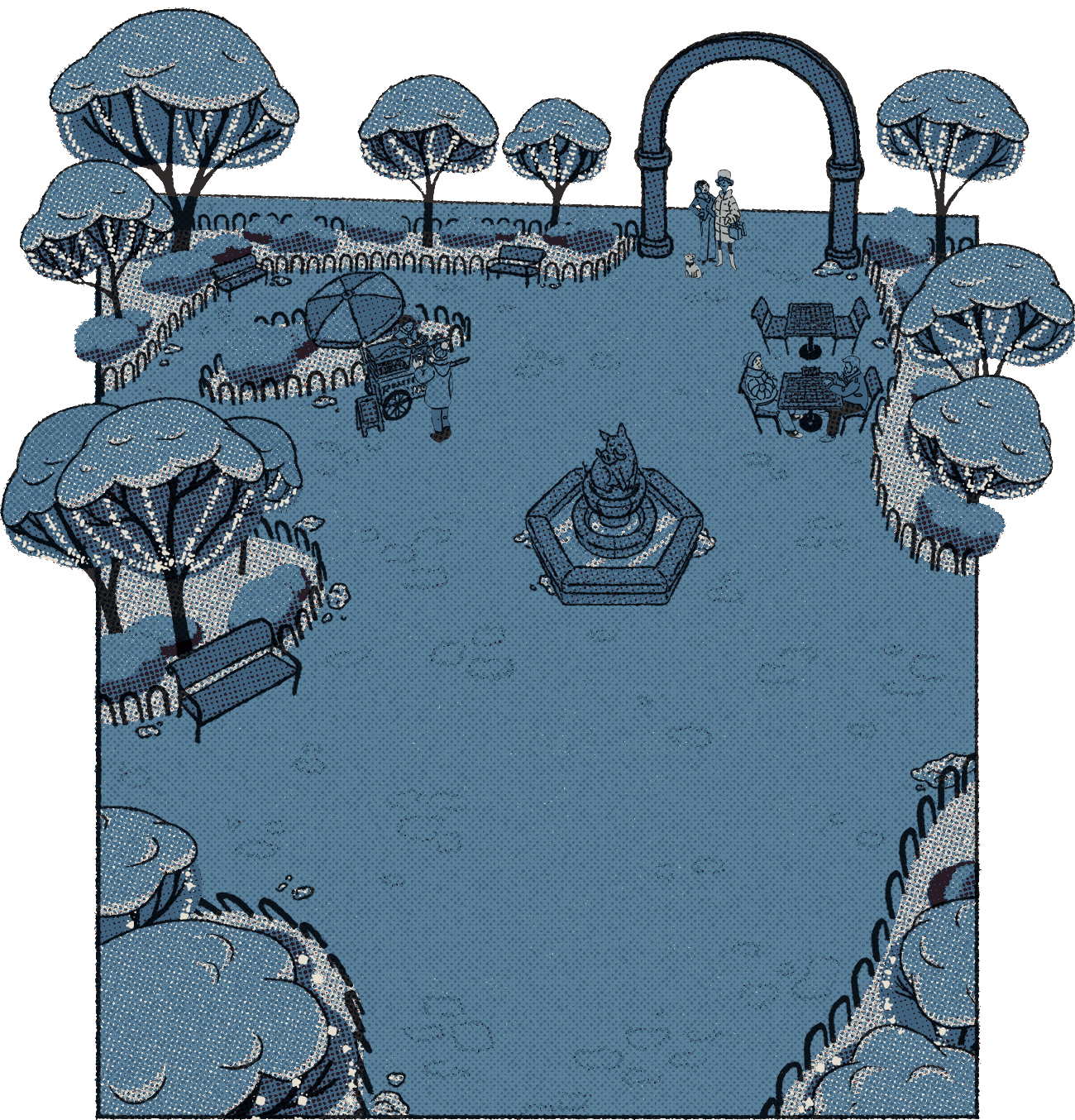 City park scene with trees, pathways, and people enjoying the outdoor space.